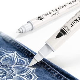 White Fabric Marker Pen Permanent for Clothes, Dual Tip Opaque Laundry Marker for Stain & Bleach Mark Covering on Dark Fabrics, No-Bleed Fabric Pen for Clothing, Washable Fade-Resistant, 2 Pack