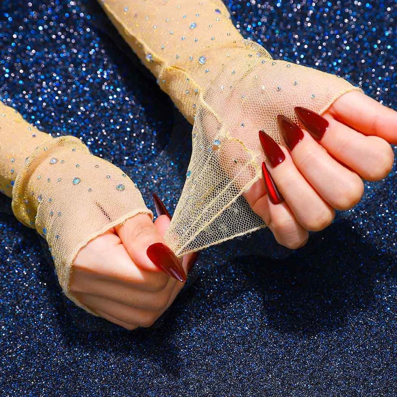 CASDRE Sparkly Rhinestone Long Gloves Fingerless Mesh Elbow Length Arm