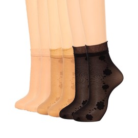 Campsis Sheer Ankle Socks Nude Ruffle Silk Socks Flower Nylon Ankle Stockings for Women(6 Pairs)