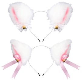 SUBANG 2 Pieces Cosplay Girl Plush Furry Cat Ears Headwear Hair Bands Bow Accessory for Cam Girl Party