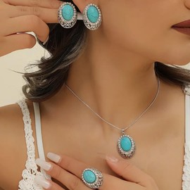 Turquoise Jewelry Set for Women Oval Turquoise Earrings Necklace Ring Sets Western Jewelry Outfit for Women Country Concert Outfits