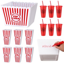 Reallnaive 15 Pcs Movie Night Popcorn Organizer Set Family Red & White Striped Plastic Popcorn Container Reusable Drinking Cup DIY Movie Night Supplies for Family Home Theater Room Party