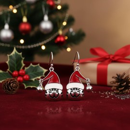 Unique Christmas Cat Dangle Earrings for Women - Cute Santa Hat Kitten Drop Earrings with Tinkling Jingle Bells - Santa Hat Design, Festive Winter Drop Earrings for Women Xmas Gift