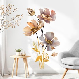 SHUCHING 3D Flower Wall Decals Peel and Stick, Vinyl Gold Floral Wall Sticker, Wall Decor Art Home Decoration for Living Room Bedroom Office