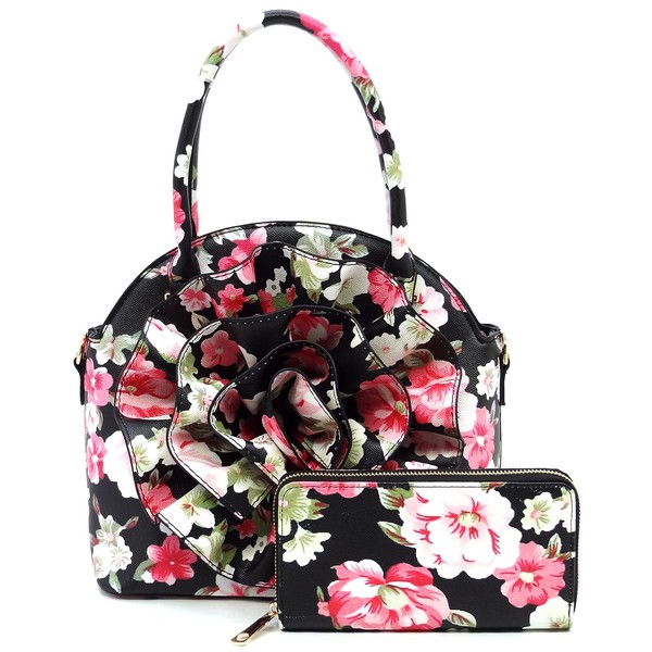3D Flower Women Handbag and Matching Wallet Set Floral Printed