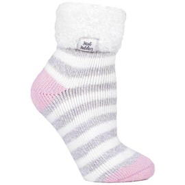 HEAT HOLDERS Thermal Winter Warm Sleep Socks - Feather Turn Over - Cream Grey Pink Stripe (5-9US, 4-8UK)