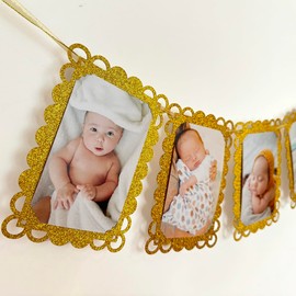 Photo Banner Wedding Shower,4×6 Photo display for Party,Bridal Shower Banner,Gold Glitter Photo Banner for Pictures