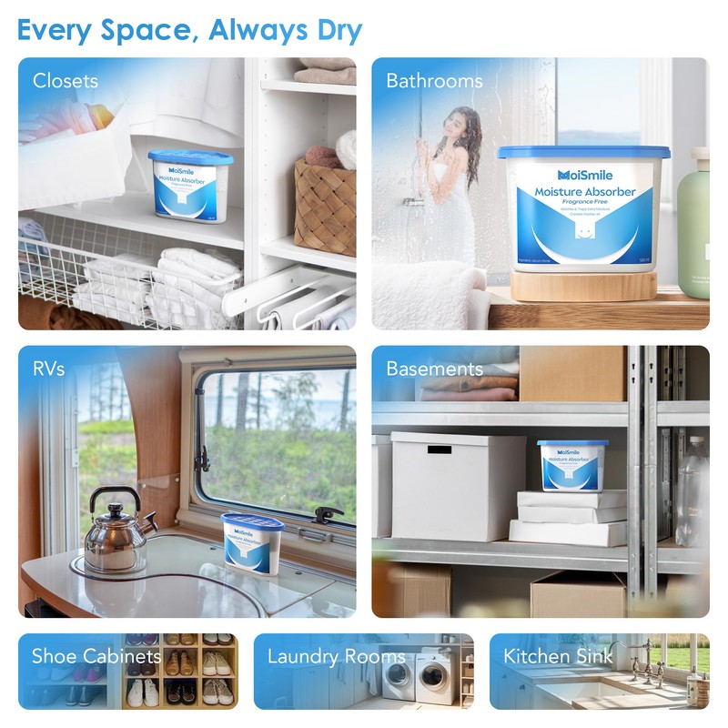 Moismile Moisture Absorbers 12 Pack, Fragrance-Free Closet Dehumidifier for Bathroom,