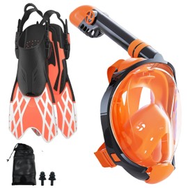 CroyVine Full Face Mask Fins Snorkeling Gear for Adults,Adjustable Swim Fins Snorkel Set，Dry Top Scuba Gear for Swimming Snorkeling Diving (Orange, L/XL)