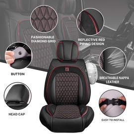 CAR PASS Nappa Leather Car Seat Covers Front Seats,Red Piping Waterproof Luxury PU Leather Two Front Seat Covers Anti-Slip Cushioned,Universal Fit Vehicle SUV Pick-up Truck Sedan (Black and Red)