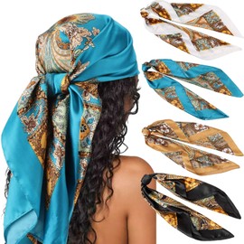 DRESHOW 35'' Large Square Satin Head Scarf - 4PCS Silk Feeling Neck Scarf Hair Sleeping Wraps Floral Hair Bandanas for Women