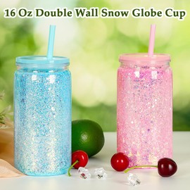 Tswofia 16 Oz Plastic Snow Globe Tumbler with Lid and Straw, 6 Pack Double Wall Pre Drilled Plastic Mason Jar Cups Can for Snow Globe Glitter DIY Gift(Mixed Colors)