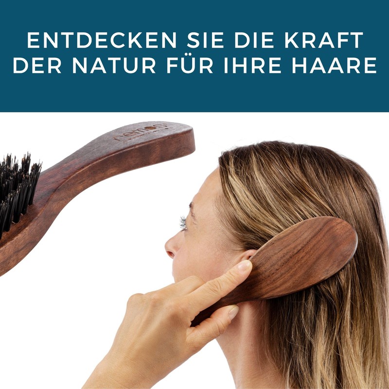 REMOS Hair Brush with 100% Wild Boar Bristle Walnut Wood