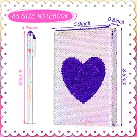 Outus Sequin Girls Journal Set with 4 Pieces Color Gel Ink Pens Reversible Diary Flip Sequin Notebook Glitter Writing Journal for Girls Teens End of The Year Gifts(Purple Pink,Heart)
