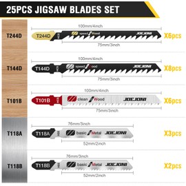JOEJONI Jigsaw Blades Set, 25-Piece T-Shank Jigsaw Blades, Saw Blades Jigsaw with Storage Case, Jigsaw Accessories for Wood, Plastic and Metal