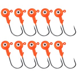 Alwonder 10-Pack Round Fishing Jig Heads, Bass Ball Jigs 3D Eyes High Carbon Steel Hooks Bass Lures Jig Heads Freshwater Saltwater Surf Fishing Jigs for Walleye Striper Pompano, Orange-1/2oz