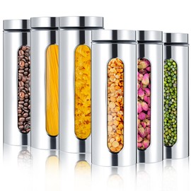 Mimorou 6 Pack Kitchen Canisters Set Airtight Coffee Sugar Tea Candy Storage Jars with Window Glass Stainless Steel Containers with Lids for Flour Cookies Spices Grains Kitchen Decorations (60 oz)