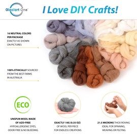 Glaciart One Spinning Fiber Merino Wool - Super Soft 16 Neutral Colors (5.6oz/160gram Pack) Unspun Roving Wool for Felting and Felting Yarn Craft Supplies