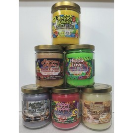 Smoke Odor Exterminator 13 oz Jar Candle, Happy Daze, Set of 6 Candles. includes Happy Daze, Hippie Love, Just Like Home, Havana Nights, Trippy Hippie & Creamy Vanilla.