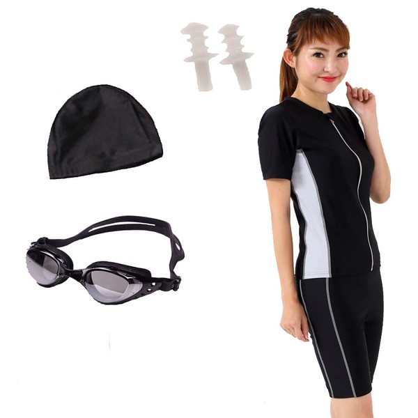 lemode A135 Women's Fitness Swimsuit and Separate Cap Set, Anti-Bunch