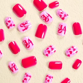 Glossy Short Square Fake Nails, Valentine's Day Red Press On Nails With Valentine's Day Love Heart Pattern Design, Small Love Full Cover False Nails,Glue on nails for Women Girls 24pcs Fake Nails