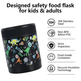 KeyzzAut Insulated Food Container 12oz Vacuum Insulated Food Jar Soup Thermos for Hot and Cold Food Kids Leak-Proof Stainless Steel Lunch Box Food Lunch Container (Black-dinosaur)