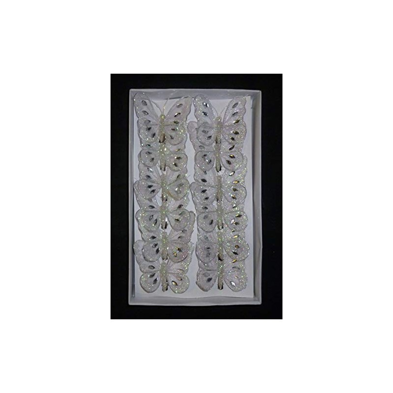 SET OF 12 Clip On Jewelled Glitter Mesh Decorative Butterflies