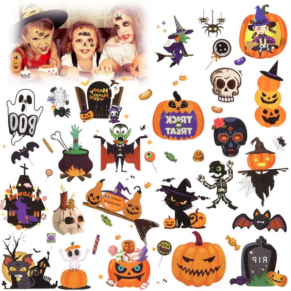 HOWAF Halloween Tattoos for Children, Halloween Temporary Tattoo Stickers for Boys, Girls, Halloween Party Children's Birthday Party Bags, Skull, Ghosts, Pumpkins, Vampires, Spiders + More