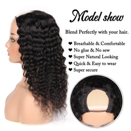 Huarisi U Part Wig Water Wave Hair for Women, 100% 10A 1b Brazilian Hair, Glueless Full Head Clip in Half Wigs U Shape Wigs , 150% Density Natural Color (18 Inch)