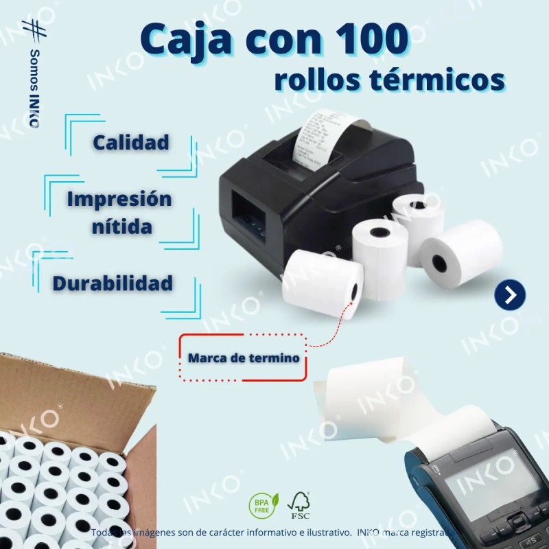 INKO 100 Rollos Papel Termico Miniprinter 57x40 mm impresora 58mm