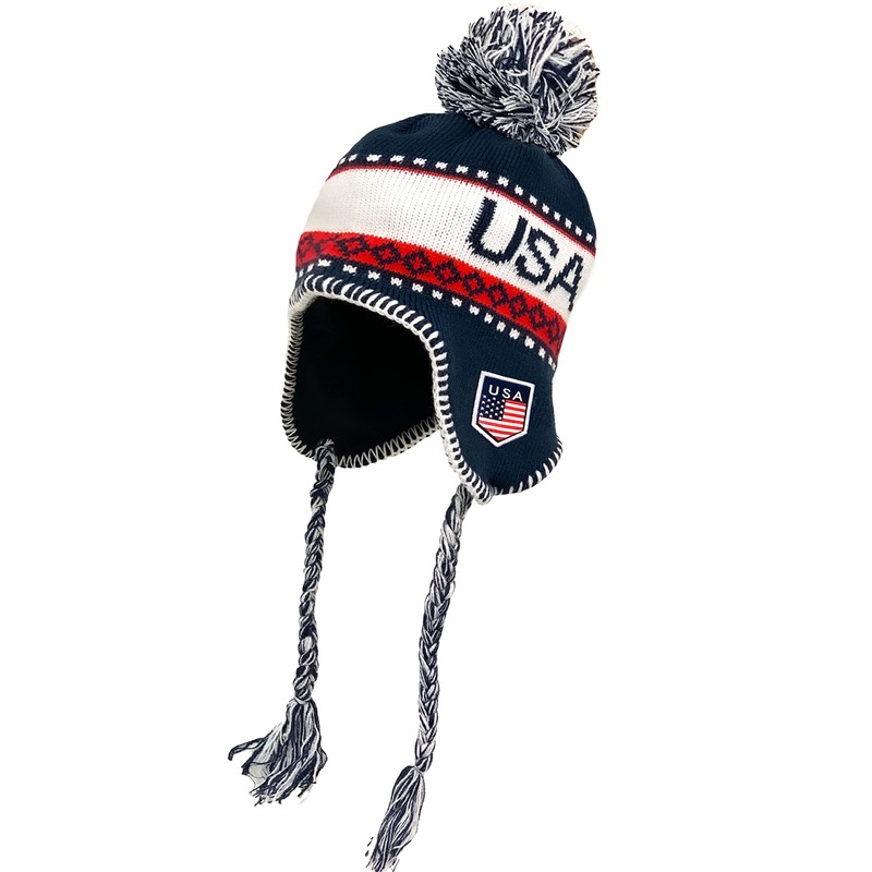 USA Winter Knit Beanie With Pom - Ski Cap, Peruvian