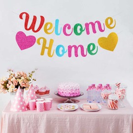 bng-bng Colorful Welcome Home Decorations Banners Flag Glitter Bunting Backdrop for Welcome Back Welcome Home Baby Shower Party Decorations Multicolor