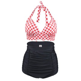 Bslingerie® Women's Retro Half Swimwear Bikini Set - chequered red, size: 3xl