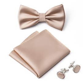 Mens Solid Color Double Fold Pre-tied Bow Tie and Pocket Square Cufflinks Set Formal Tuxedo Bowties for Wedding Party（Champagne）