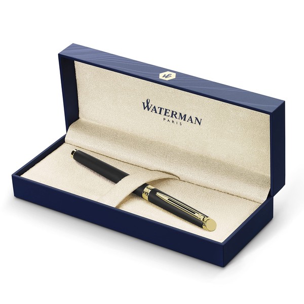 Waterman Hemisphere Fountain Pen, Matte Black with 23k Gold Trim, Medium Nib with Blue Ink Cartridge, Gift Box