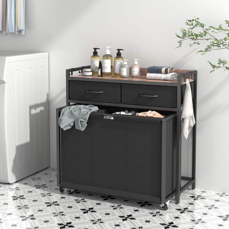 STIKELY Laundry Hamper Laundry Basket with 3 Section Pull-Out Rolling