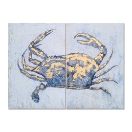 Yihui Arts Coastal Canvas Wall Art Set Of Two Hand Painted Blue and White Crab Paintings Modern Abstract Animal Nautical Artwork with Gold Foil for Living Room Bedroom Bathroom Nursery Decor