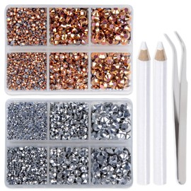 LPBeads 6400 Pieces Metallic Rose Gold and Metallic Silver Hotfix Rhinestones Flat Back 5 Mixed Sizes Crystal Round Glass Gems with Tweezers and Picking Rhinestones Pen