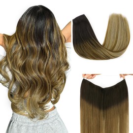 HOTBANANA Wire Hair Extensions, 16 inch 95g Ombre Brown to Dirty Blonde Fish Line Hair Extensions Real Human Hair Straight Invisible Wire Hair Extensions Remy Hair Extensions