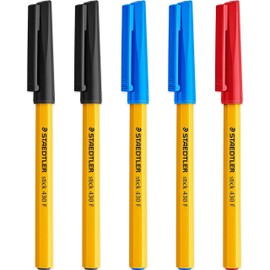 STAEDTLER Fine 0.3mm 430 Stick Ballpoint Pens Writing Pen Smooth - Black, Blue & Red Ink - Pack Of 5