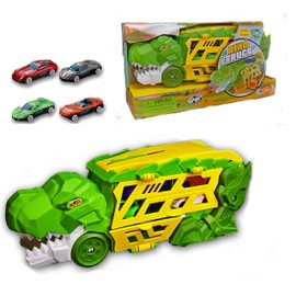 Dinosaur Car Transporter Truck Toy with Launcher & Slide-Out Track – Includes 4 Die-Cast Cars, Dino Head Push Launcher, Storage Case & Carry Handle