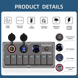 Marine Rocker Switch Panel,Aluminum Switch Panel for Boat Waterproof 8 Gang Toggle Switch Panel with Dual USB and Voltmeter Panel for RVs, Cars, Boats, Trucks,Trailers - 12-24V Grey
