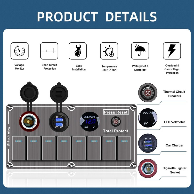 Marine Rocker Switch Panel,Aluminum Switch Panel for Boat Waterproof 8