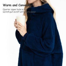 Winthome Lengthen Oversized Blanket Hoodie for Women Men Adult, Sherpa Fleece Wearable Blanket with Zipper, Gift for Family Friends (Navy Blue, Adult size)
