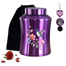 Large Cremation Urns for Human Ashes Adult Up to 220 Lbs, Decorative Memorial Funeral Burial Urn for Ashes Male Female, Stainless Steel Keepsake Urn with 1pcs Necklace (Large Purple Hummingbird)