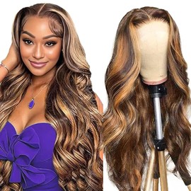 Lakaisa Human Hair Body Wave Human Hair Wig 4 x 1 Lace P4/27 Highlight Blonde Glueless Wear and Go Wig Women's Real Hair Bleached Knots Pre Plucked Hairline with Baby Hair for Woman 20 Inches