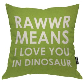Moslion Throw Pillow Cover Rawwr Means I Love You in Dinosaur 18x18 Inch Funny Cute Phrase Green White Square Pillow Case Cushion Cover for Home Car Decorative Cotton Linen