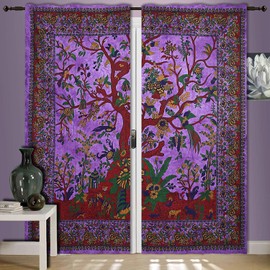 GDONLINE Purple Tree of Life Mandala Curtain Wall Hanging Indian Window Curtains Wall Panels Boho Cotton Tapestry Psychedelic Wall Drapes Window Treatments Set