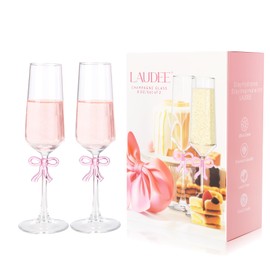 LAUDEE Champagne Glasses Set of 2, 8oz Elegant Crystal Stemmed Champagne Flutes with Pink Bow for Prosecco, Sparkling Wine, Mimosas, Cocktails, Weddings, Anniversaries, Parties