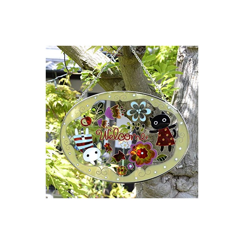 FolkArt Cute Handmade Stained Glasswork Frame, Welcoming Cat in Fairyland